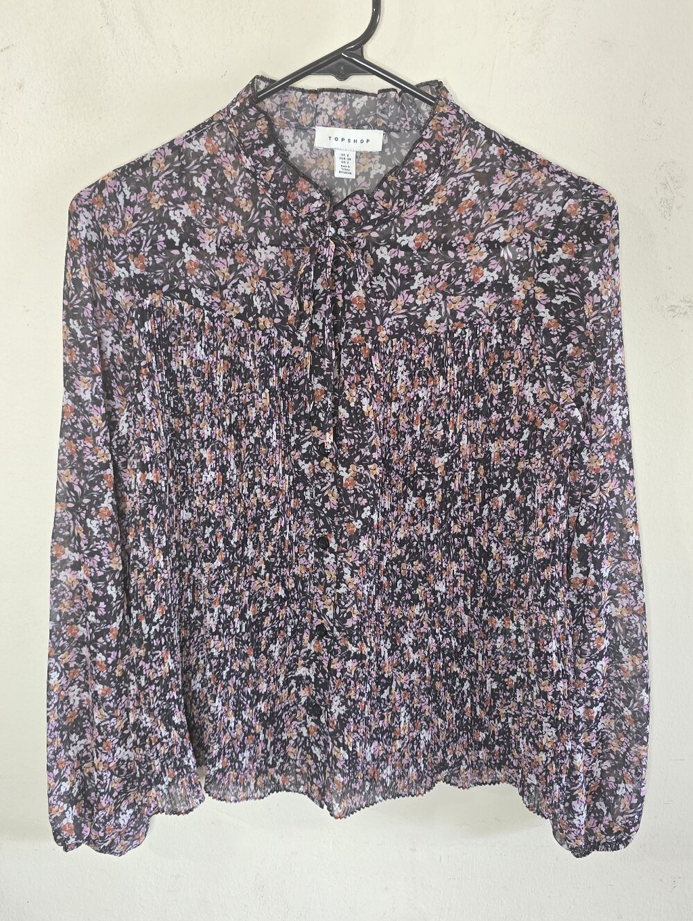 Topshop Floral Pleated Tie Neck Blouse Women's US Size 2 Sheer Long Sleeve